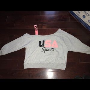 Open shoulder crop top long sleeve sweater
